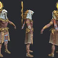 Game and Movie Character Design With Golden Horned Ornament White Hair Colorful Skirt Front Back Views