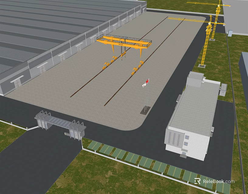 Industrial Equipment Featuring Overhead Cranes On Tracks At Modern Industrial Facility With Solar Panels 3d model 