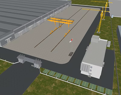 Industrial Equipment Featuring Overhead Cranes On Tracks At Modern Industrial Facility With Solar Panels 3d model