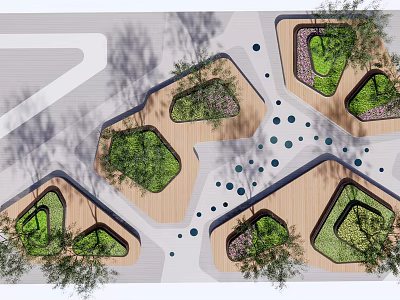 Outdoor Chair In Wooden Irregular Shaped Landscape With Green Plants And Blue Dots 3d model