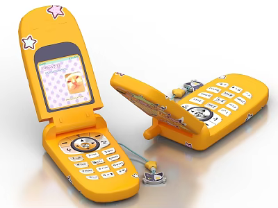 Yellow Flip Toy Mobile Phone With Star Decorations Cartoon Screen And Keyboard 3d model