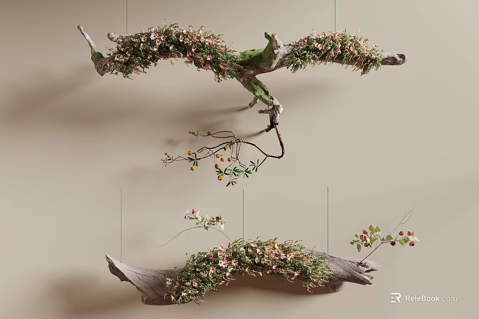Decorative Branch Shaped Wall Hanging With Flowers And Green Leaves For Natural Home Interior Decor 3d model 