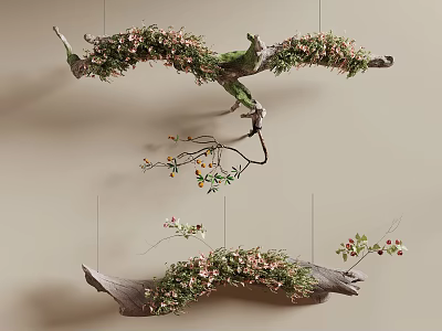 Decorative Branch Shaped Wall Hanging With Flowers And Green Leaves For Natural Home Interior Decor 3d model
