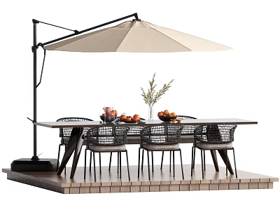 Outdoor Patio Table and Chair Set with Woven Seats and Sun Umbrella 3d model