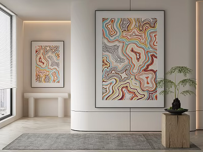 Modern Interior Decor With Abstract Art Paintings And Potted Plant 3d model