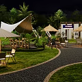 Garden Landscape With Thatched Umbrellas Outdoor Dining Tables Chairs Green Lawn And Wooden Decorations