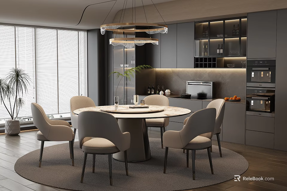 Modern Restaurant Interior With Round Dining Table Chairs Chandelier Grey Cabinets And Natural Light 3d model 