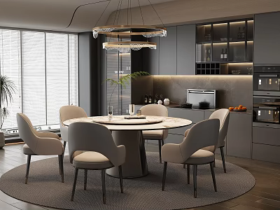Modern Restaurant Interior With Round Dining Table Chairs Chandelier Grey Cabinets And Natural Light 3d model