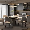 Modern Restaurant Interior With Round Dining Table Chairs Chandelier Grey Cabinets And Natural Light