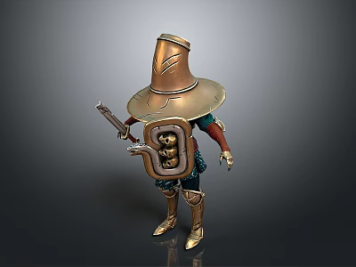 A Man In Armor With Wide Brimmed Metal Hat Holding Sword And Skull Shield 3d model