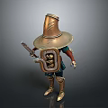 A Man In Armor With Wide Brimmed Metal Hat Holding Sword And Skull Shield