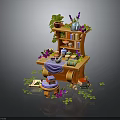 Wooden Desk And Bookshelf With Potted Plants Tea Set Purple Flowers And Scattered Green Leaves