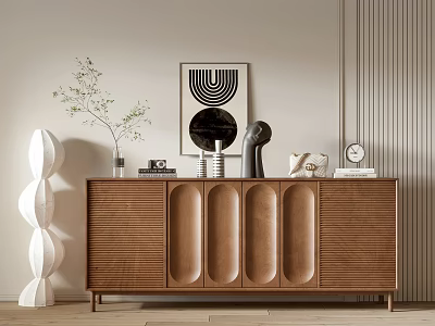 Modern Entryway Console Cabinet With Wooden Design Decorative Sculptures And Wall Art 3d model