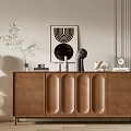 Modern Entryway Console Cabinet With Wooden Design Decorative Sculptures And Wall Art