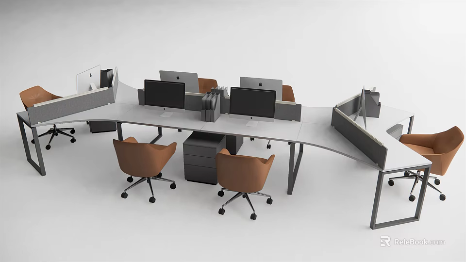 Modern Office Desk Partition Workstations With Computer Monitors And Brown Chairs 3d model
