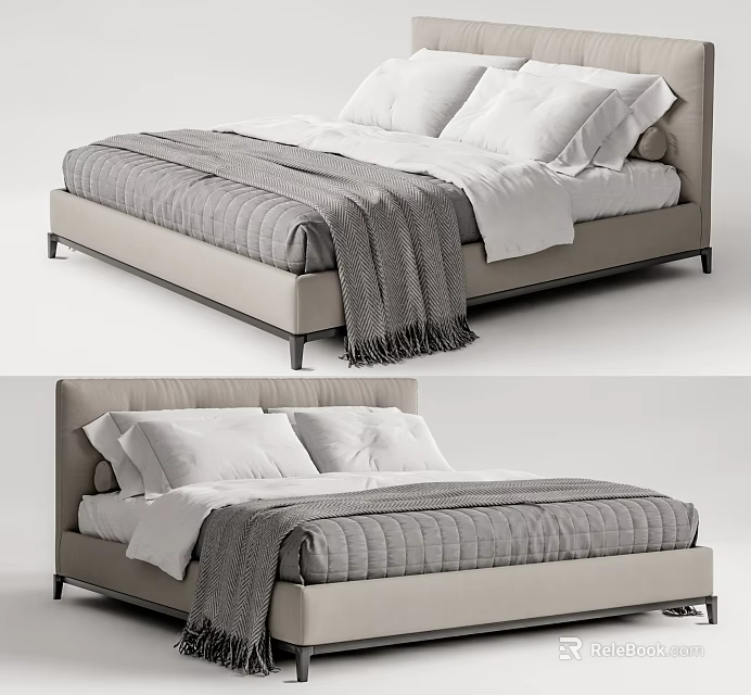 Modern Double Bed With Gray Frame White Pillows And Cozy Blanket 3d model