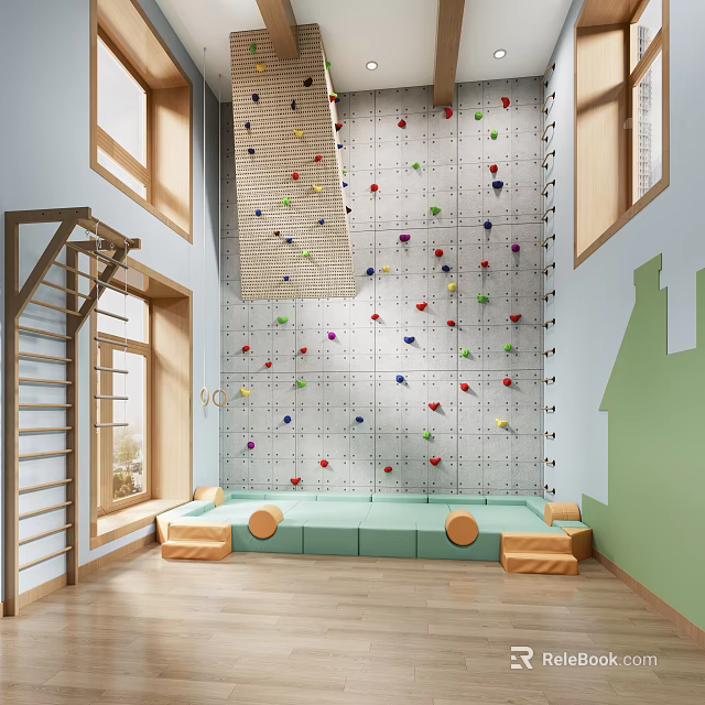 Kindergarten Indoor Play Space With Colorful Climbing Wall And Padded Seating Areas 3d model 