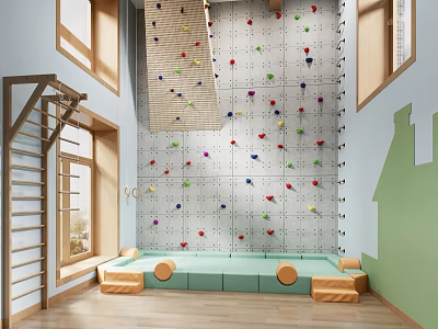 Kindergarten Indoor Play Space With Colorful Climbing Wall And Padded Seating Areas 3d model