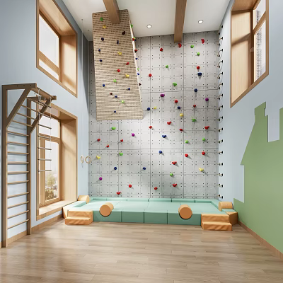 Kindergarten Indoor Play Space With Colorful Climbing Wall And Padded Seating Areas 3d model