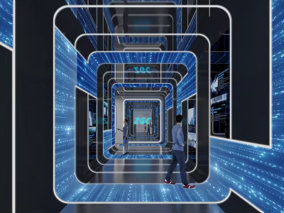 Modern Tech Inspired Office Corridor Interior With Blue Lighting And People Walking 3d model