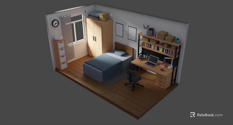Cartoon Style Bedroom Study Interior Scene Featuring Bed Desk Bookshelf Laptop And Window 3d model 