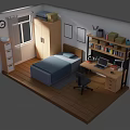 Cartoon Style Bedroom Study Interior Scene Featuring Bed Desk Bookshelf Laptop And Window