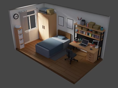 Cartoon Style Bedroom Study Interior Scene Featuring Bed Desk Bookshelf Laptop And Window 3d model