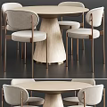 Round Wooden Dining Table Set with Four Light Gray Chairs and Gold Metal Conical Base
