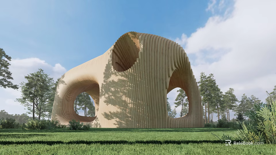 Modern Wooden Pergola with Curved Structure Surrounded by Trees and Grass Under Blue Sky 3d model 