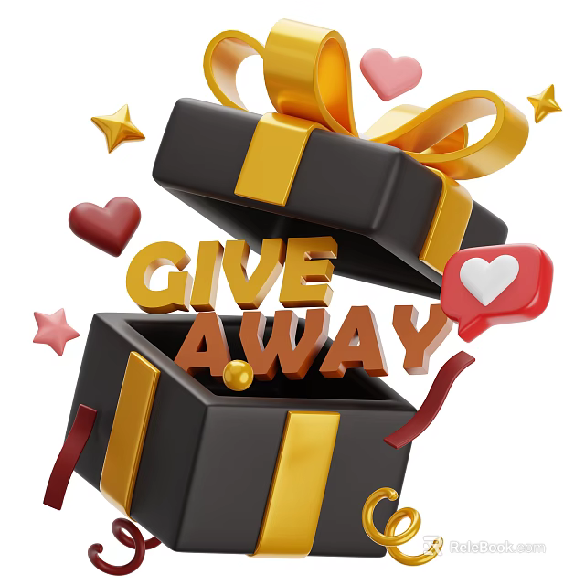 Decorative Ornament Set with Open Gift Box Gold Ribbon Stars Hearts and Give Away Lettering 3d model 