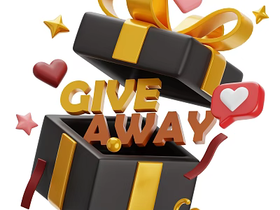 Decorative Ornament Set with Open Gift Box Gold Ribbon Stars Hearts and Give Away Lettering 3d model