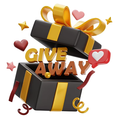 Decorative Ornament Set with Open Gift Box Gold Ribbon Stars Hearts and Give Away Lettering 3d model