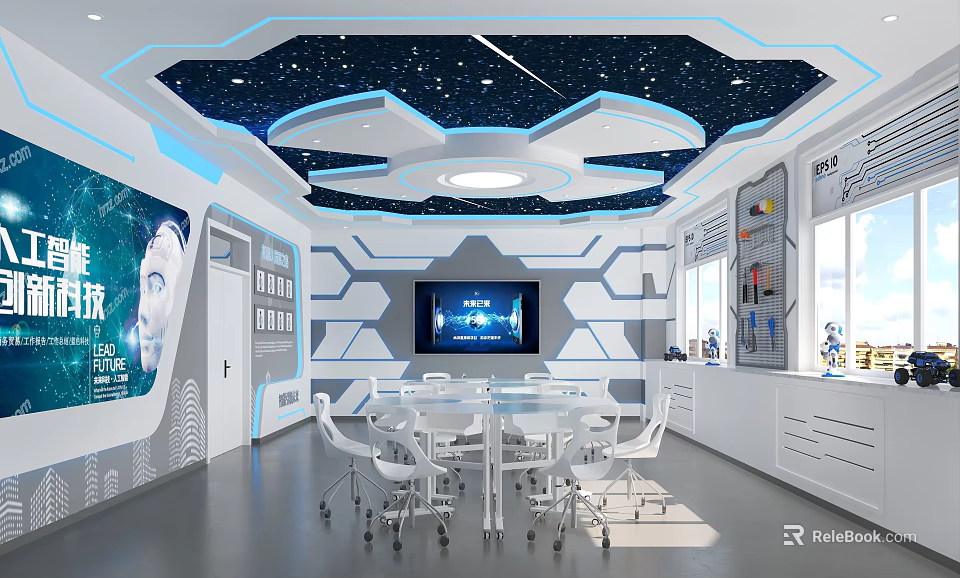 School Modern Tech Classroom With Starry Ceiling Geometric Walls Round Table White Chairs And Screen 3d model 