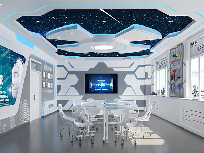 School Modern Tech Classroom With Starry Ceiling Geometric Walls Round Table White Chairs And Screen 3d model