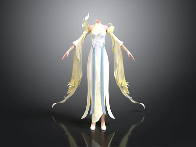 Ancient Style Long Dress With White Yellow Blue Flowing Sleeves And Elegant Hem 3d model