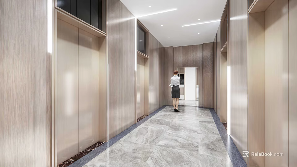 Modern Elevator Corridor With Wooden Walls Marble Flooring And Recessed Ceiling Lights 3d model 