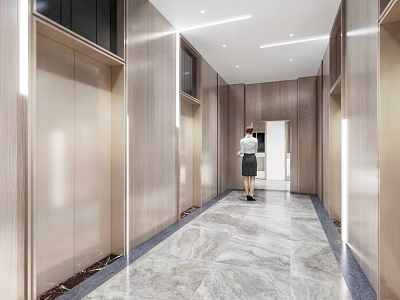 Modern Elevator Corridor With Wooden Walls Marble Flooring And Recessed Ceiling Lights 3d model