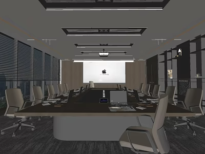 Modern Conference Room Interior With Long Table Chairs Projector Screen And Window Blinds 3d model