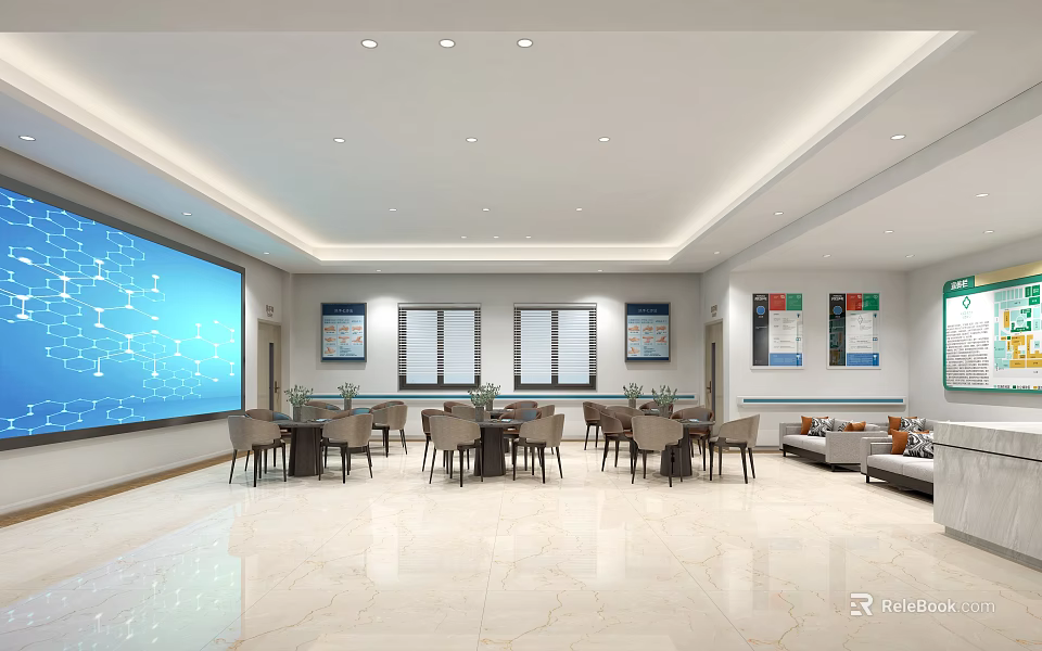 Spacious Multi functional Hall Interior With Large Screen Tables Chairs Sofa And Wall Charts 3d model 