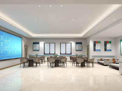 Spacious Multi functional Hall Interior With Large Screen Tables Chairs Sofa And Wall Charts 3d model