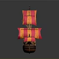 Vintage Wooden Sailing Ship with Red and Yellow Sails and Flags
