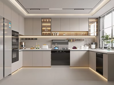 Modern Kitchen Interior Design With Gray Cabinets Stainless Steel Appliances And Recessed Lighting 3d model
