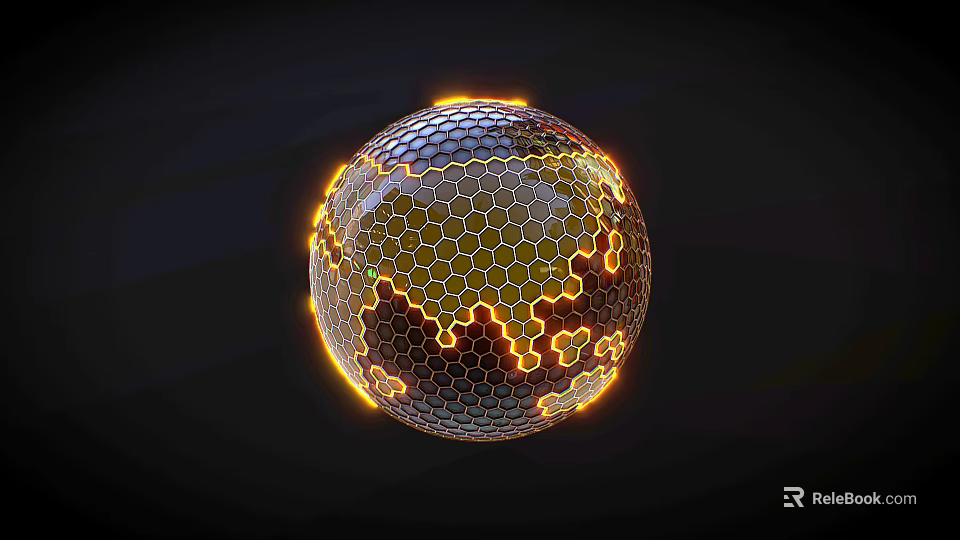 Glowing Orange Spherical Chandelier With Honeycomb Grid Structure And Dark Background 3d model