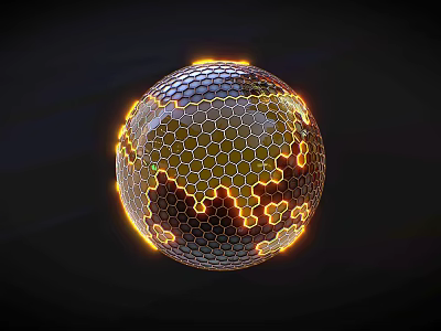 Glowing Orange Spherical Chandelier With Honeycomb Grid Structure And Dark Background 3d model