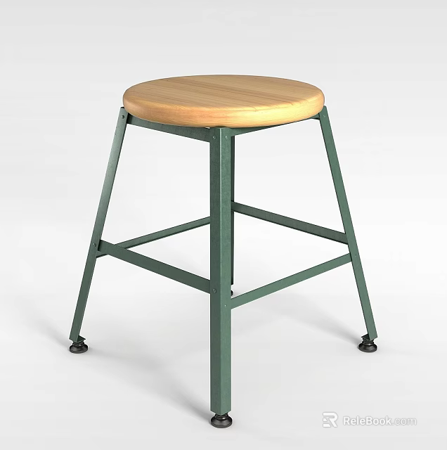 Modern Bar Stool With Round Wooden Seat And Green Metal Frame On Wheels 3d model 