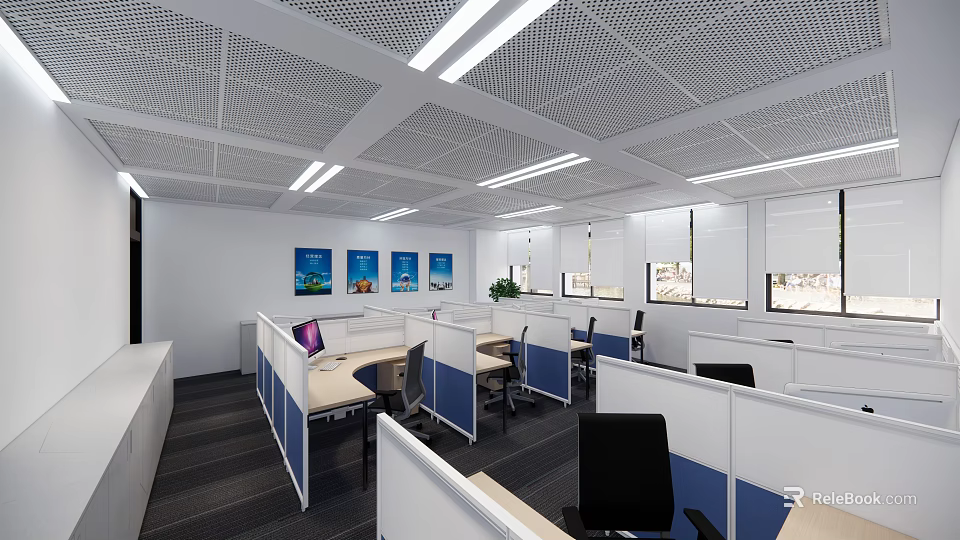 Modern Public Office Space With Cubicles Desks Computers Blue Paintings And Ceiling Lighting 3d model