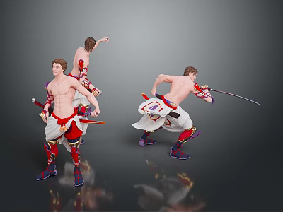 Man In Traditional Outfit With Sword Performing Dynamic Martial Arts Poses 3d model