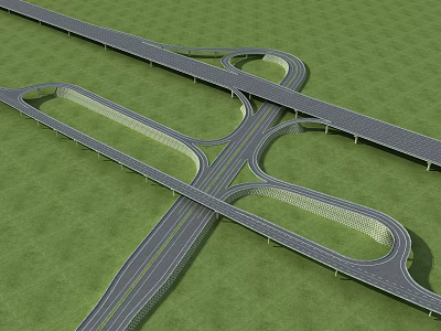 Multi level Highway Bridge Interchange Featuring Curved Ramps And Green Grass Landscape 3d model