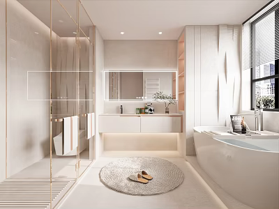 Modern Bathroom Interior With Glass Shower Large Mirror Bathtub And Round Rug 3d model