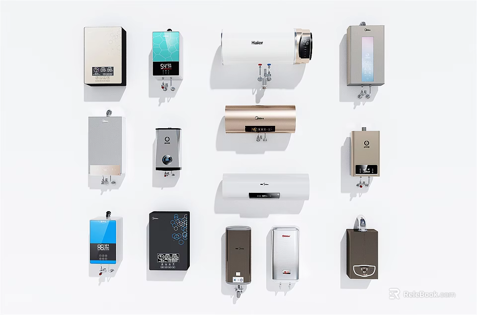 Different Types of Household Appliances Featuring Water Heaters and Electric Heaters in Various Styles 3d model 